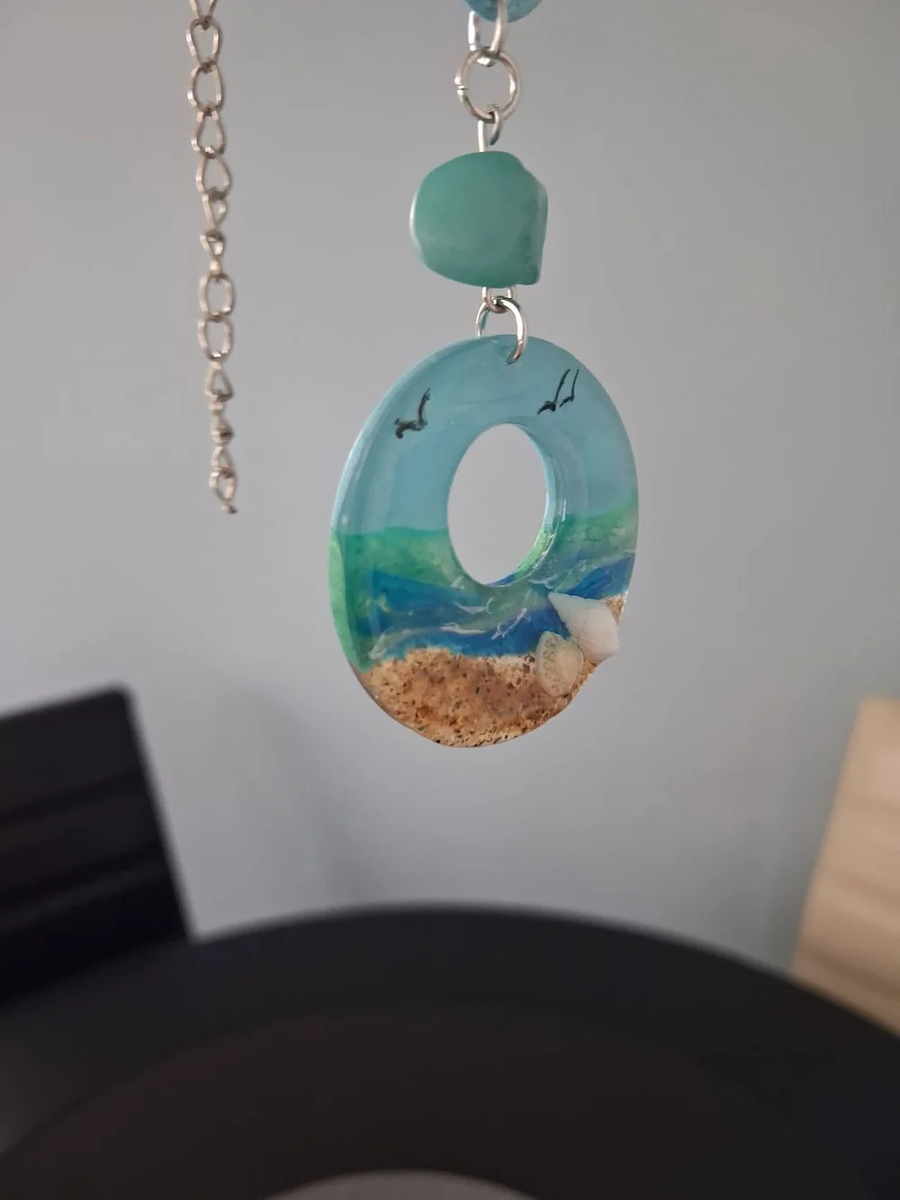 Sea Breeze Blue Resin Pendant Necklace with Shell Accents